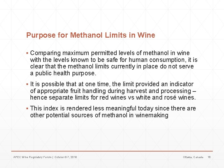 Purpose for Methanol Limits in Wine ▪ Comparing maximum permitted levels of methanol in