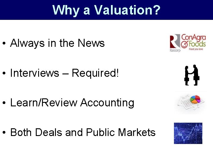 Why a Valuation? • Always in the News • Interviews – Required! • Learn/Review
