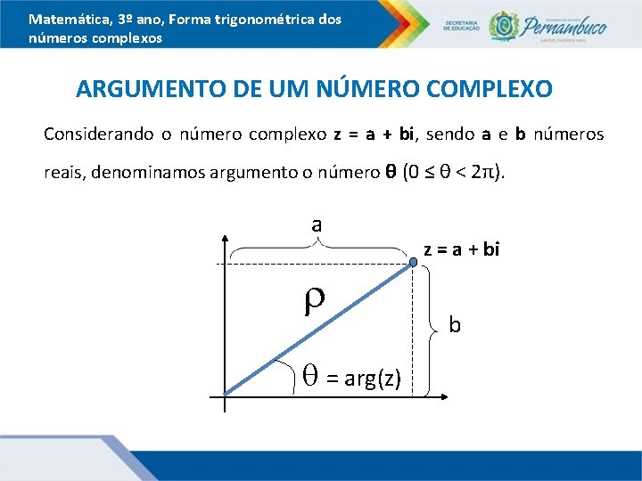 Matemática, 3º ano, Forma trigonométrica dos números complexos ARGUMENTO DE UM NÚMERO COMPLEXO Considerando