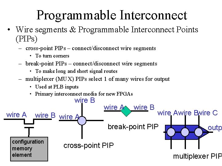 Programmable Interconnect • Wire segments & Programmable Interconnect Points (PIPs) – cross-point PIPs –