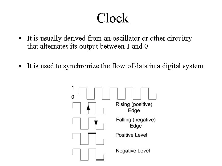 Clock • It is usually derived from an oscillator or other circuitry that alternates