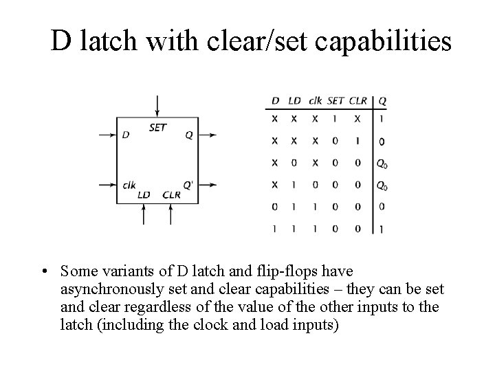 D latch with clear/set capabilities • Some variants of D latch and flip-flops have