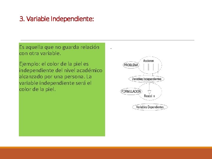 3. Variable Independiente: Es aquella que no guarda relación con otra variable. Ejemplo: el
