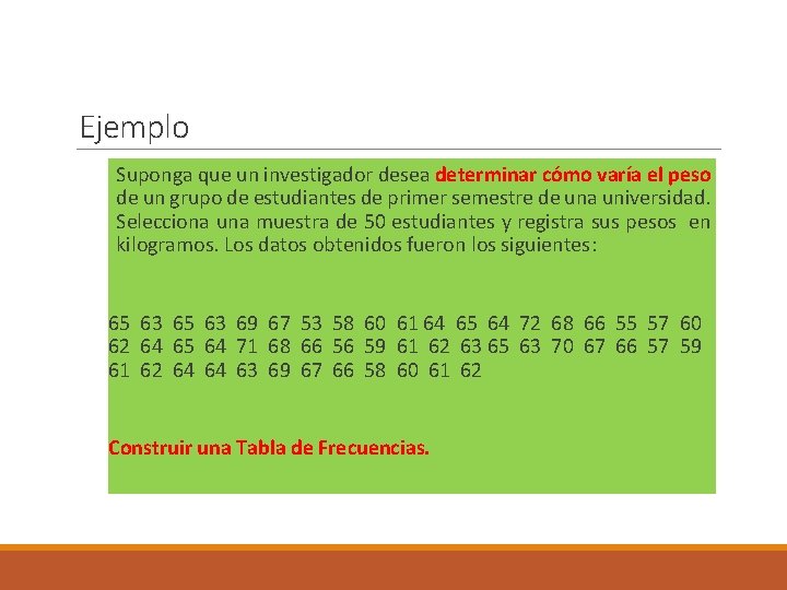 Ejemplo Suponga que un investigador desea determinar cómo varía el peso de un grupo