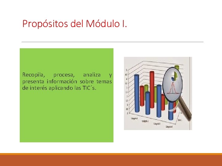 Propósitos del Módulo I. . Recopila, procesa, analiza y presenta información sobre temas de