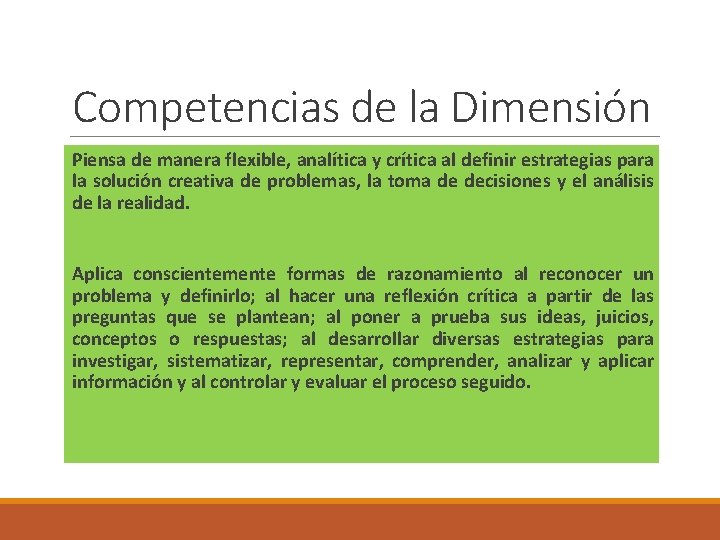 Competencias de la Dimensión Piensa de manera flexible, analítica y crítica al definir estrategias