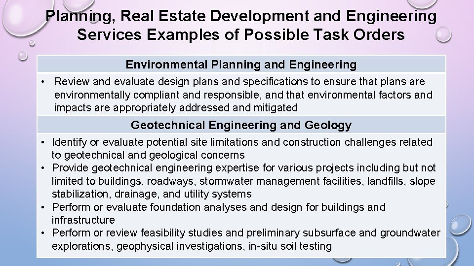 Planning, Real Estate Development and Engineering Services Examples of Possible Task Orders Environmental Planning