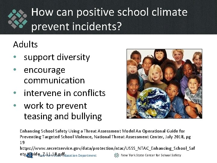 How can positive school climate prevent incidents? Adults • support diversity • encourage communication