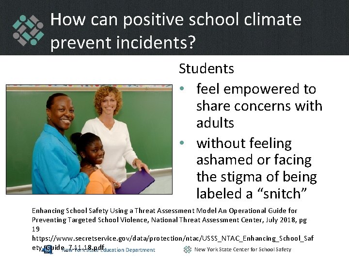 How can positive school climate prevent incidents? Students • feel empowered to share concerns