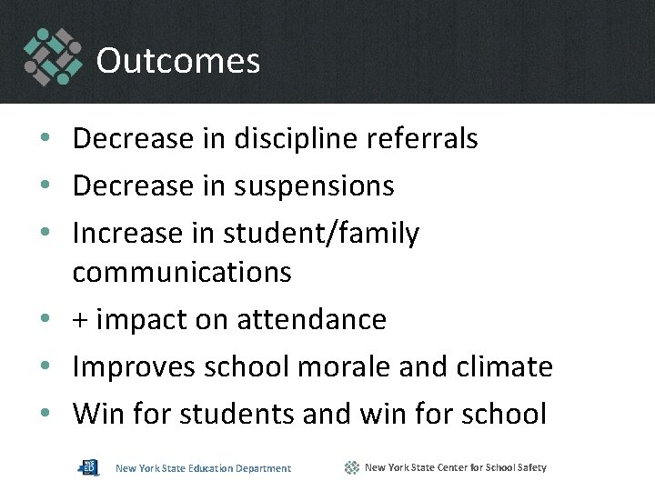 Outcomes • Decrease in discipline referrals • Decrease in suspensions • Increase in student/family