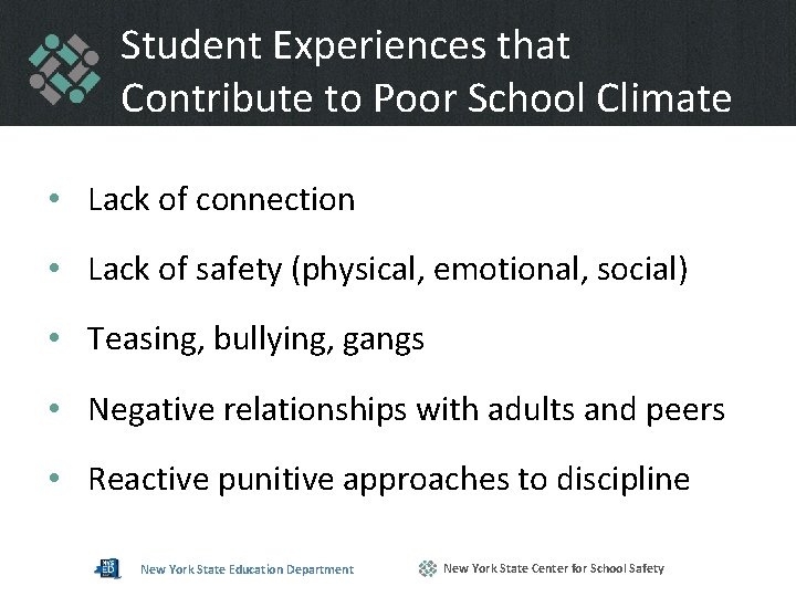 Student Experiences that Contribute to Poor School Climate • Lack of connection • Lack