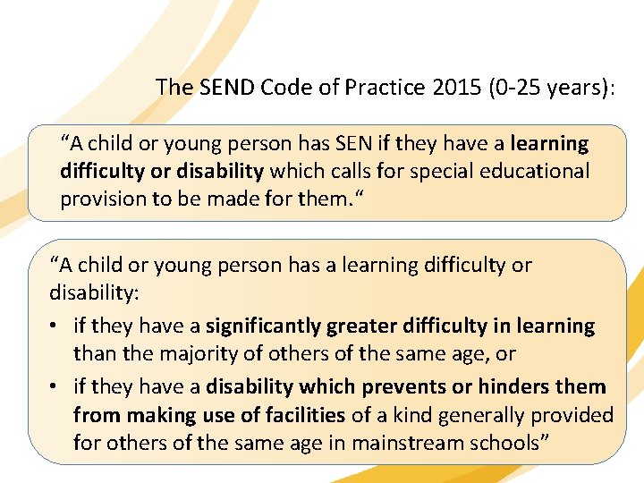 The SEND Code of Practice 2015 (0 -25 years): “A child or young person