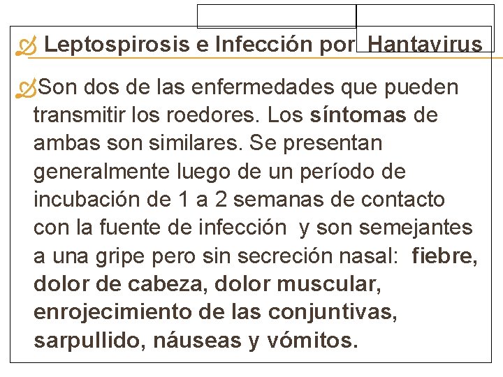  Leptospirosis e Infección por Hantavirus Son dos de las enfermedades que pueden transmitir