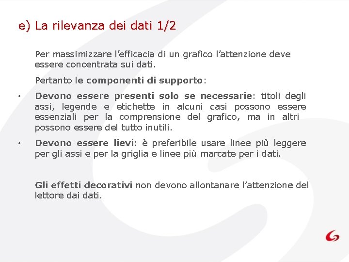 e) La rilevanza dei dati 1/2 Per massimizzare l’efficacia di un grafico l’attenzione deve e) La rilevanza dei dati 1/2 Per massimizzare l’efficacia di un grafico l’attenzione deve