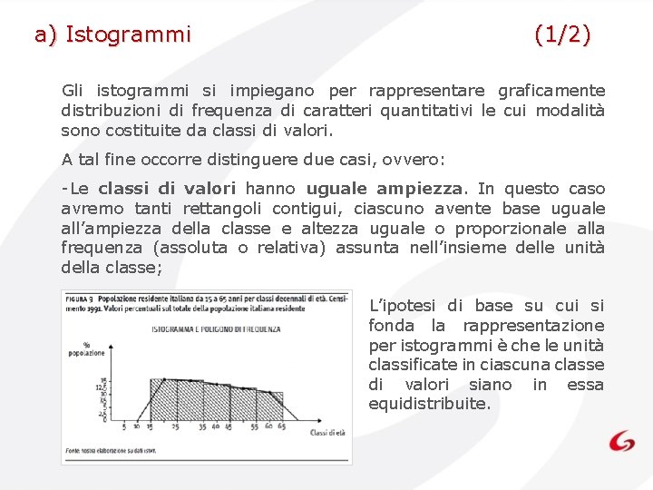 a) Istogrammi (1/2) Gli istogrammi si impiegano per rappresentare graficamente distribuzioni di frequenza di a) Istogrammi (1/2) Gli istogrammi si impiegano per rappresentare graficamente distribuzioni di frequenza di