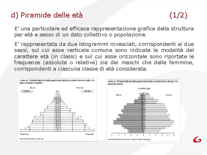 d) Piramide delle età (1/2) E’ una particolare ed efficace rappresentazione grafica della struttura d) Piramide delle età (1/2) E’ una particolare ed efficace rappresentazione grafica della struttura