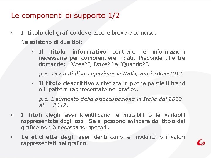 Le componenti di supporto 1/2 • Il titolo del grafico deve essere breve e Le componenti di supporto 1/2 • Il titolo del grafico deve essere breve e