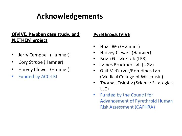 Acknowledgements QIVIVE, Paraben case study, and PLETHEM project • • Jerry Campbell (Hamner) Cory