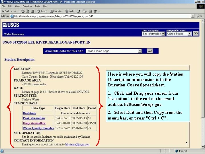 Here is where you will copy the Station Description information into the Duration Curve