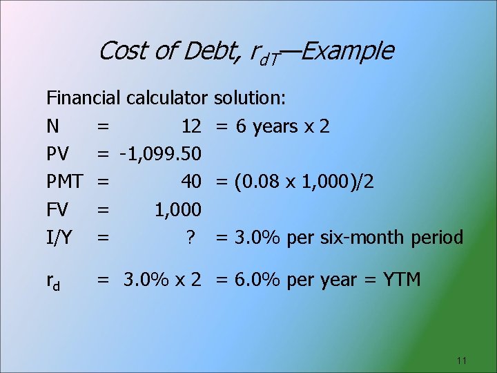 Cost of Debt, rd. T—Example Financial calculator solution: N = 12 = 6 years