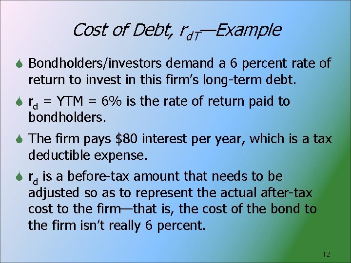Cost of Debt, rd. T—Example Bondholders/investors demand a 6 percent rate of return to