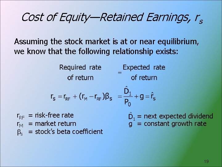 Cost of Equity—Retained Earnings, rs Assuming the stock market is at or near equilibrium,