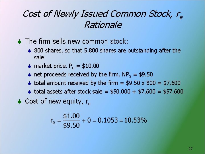 Cost of Newly Issued Common Stock, re Rationale The firm sells new common stock: