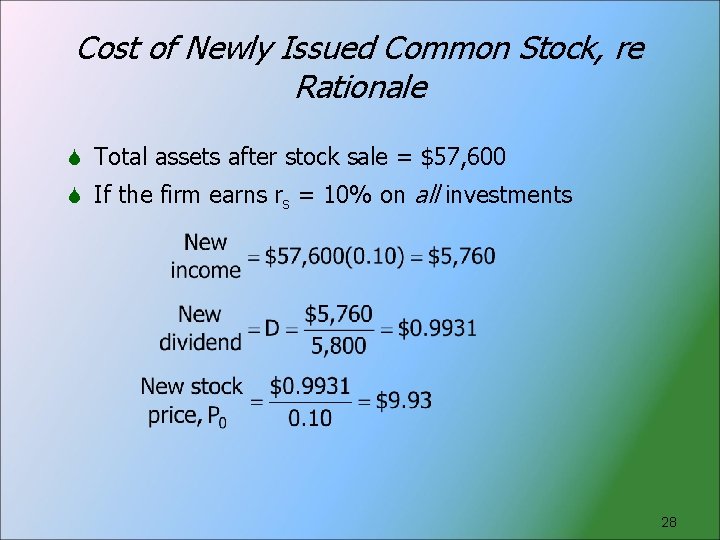 Cost of Newly Issued Common Stock, re Rationale Total assets after stock sale =