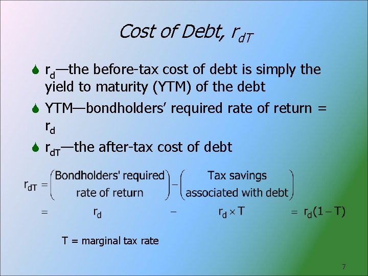 Cost of Debt, rd. T rd—the before-tax cost of debt is simply the yield