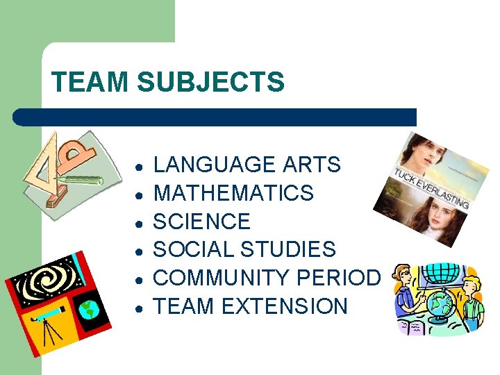 TEAM SUBJECTS ● ● ● LANGUAGE ARTS MATHEMATICS SCIENCE SOCIAL STUDIES COMMUNITY PERIOD TEAM