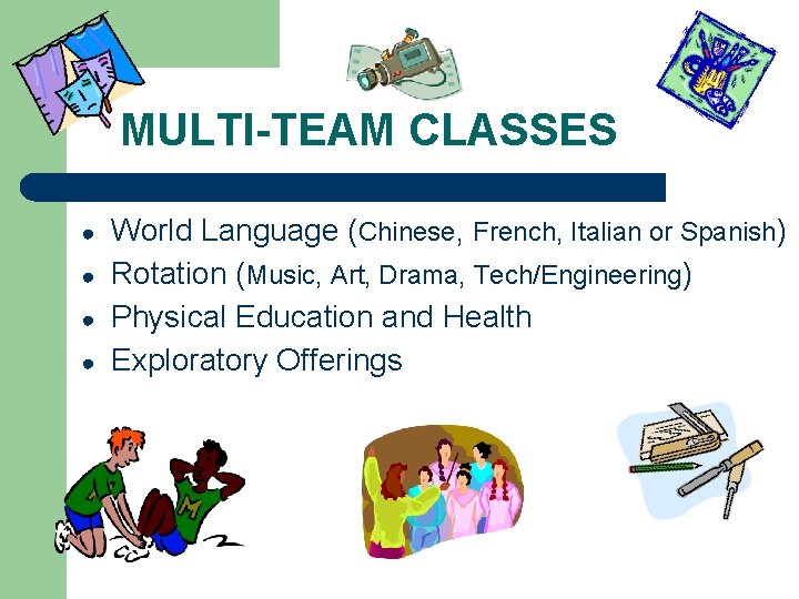 MULTI-TEAM CLASSES ● ● World Language (Chinese, French, Italian or Spanish) Rotation (Music, Art,