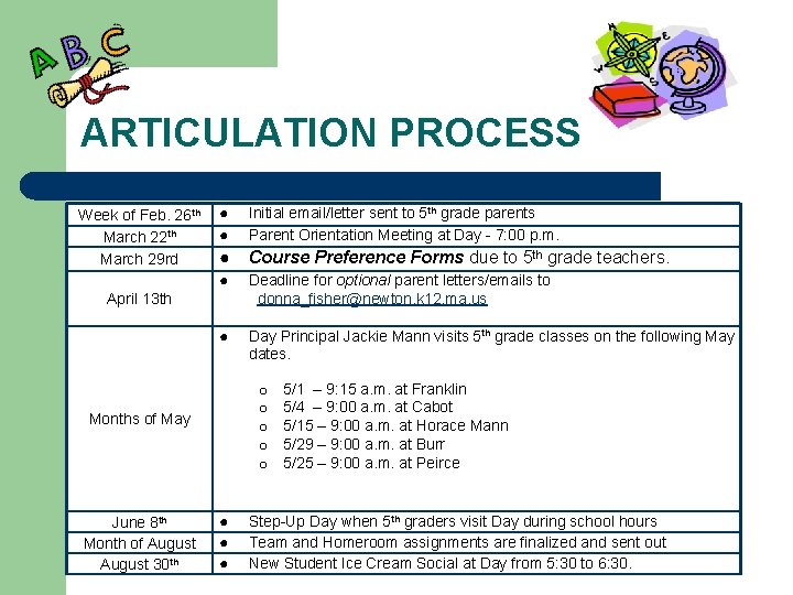 ARTICULATION PROCESS Week of Feb. 26 th ● Initial email/letter sent to 5 th