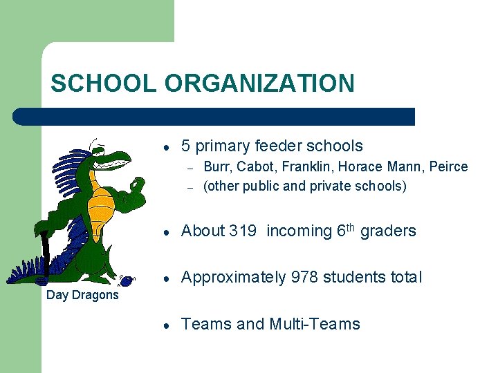 SCHOOL ORGANIZATION ● 5 primary feeder schools – – Burr, Cabot, Franklin, Horace Mann,