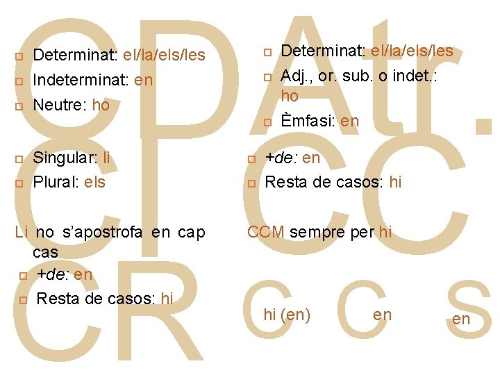 CDAtr. CI CC Determinat: el/la/els/les Indeterminat: en Neutre: ho Singular: li Plural: els Li