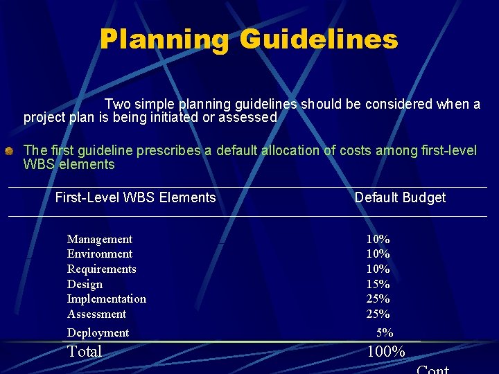 Planning Guidelines Two simple planning guidelines should be considered when a project plan is