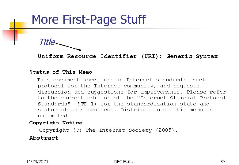 More First-Page Stuff Title Uniform Resource Identifier (URI): Generic Syntax Status of This Memo