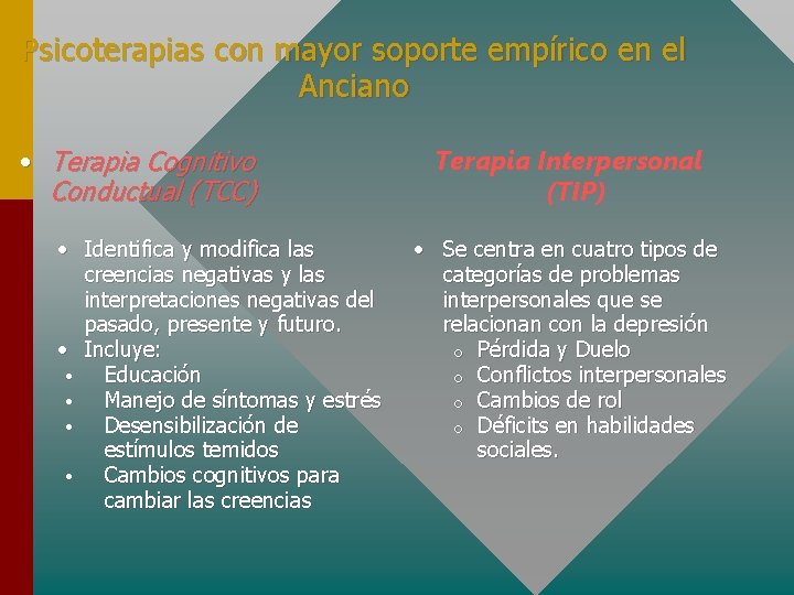 Psicoterapias con mayor soporte empírico en el Anciano • Terapia Cognitivo Conductual (TCC) •