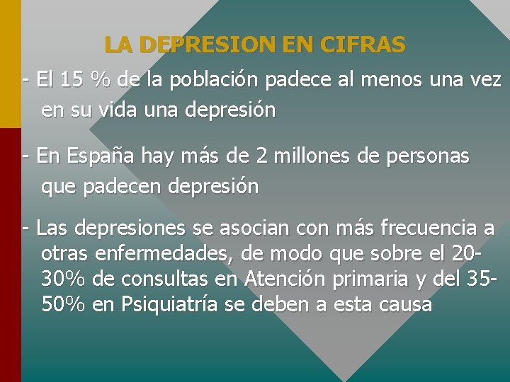 LA DEPRESION EN CIFRAS - El 15 % de la población padece al menos