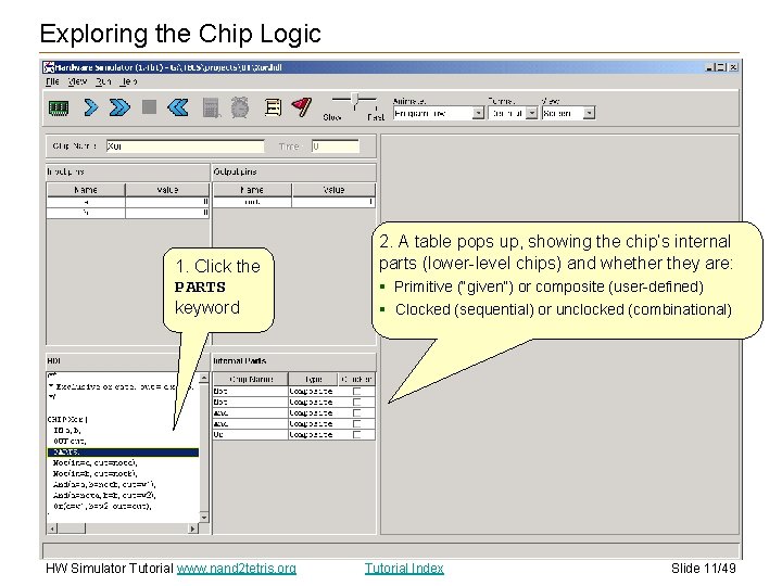 Exploring the Chip Logic 1. Click the PARTS keyword HW Simulator Tutorial www. nand