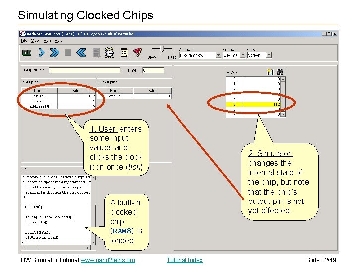 Simulating Clocked Chips 1. User: enters some input values and clicks the clock icon