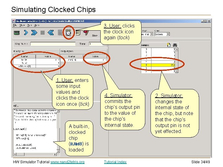 Simulating Clocked Chips 3. User: clicks the clock icon again (tock) 1. User: enters