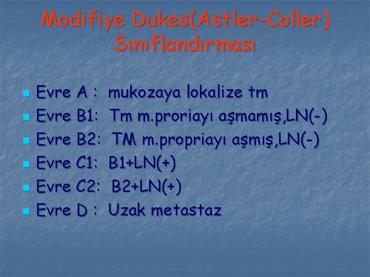 Modifiye Dukes(Astler-Coller) Sınıflandırması n n n Evre A : Evre B 1: Evre B
