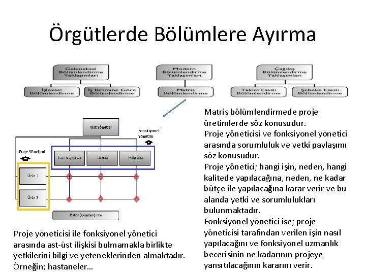 Örgütlerde Bölümlere Ayırma Proje yöneticisi ile fonksiyonel yönetici arasında ast-üst ilişkisi bulmamakla birlikte yetkilerini