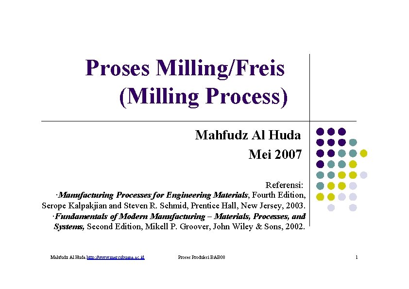 Proses Milling/Freis (Milling Process) Mahfudz Al Huda Mei 2007 Referensi: ·Manufacturing Processes for Engineering