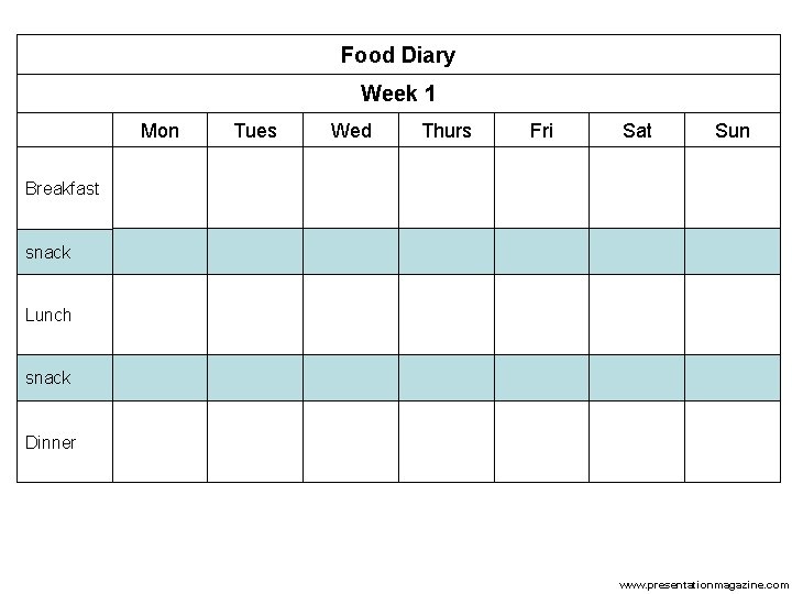 Food Diary Week 1 Mon Tues Wed Thurs Fri Sat Sun Breakfast snack Lunch