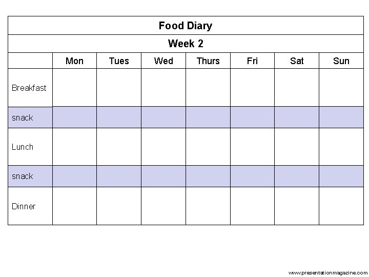 Food Diary Week 2 Mon Tues Wed Thurs Fri Sat Sun Breakfast snack Lunch