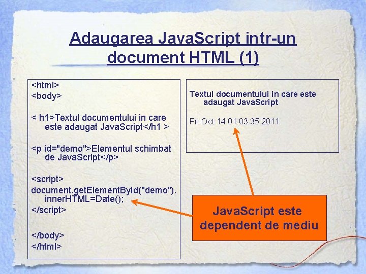 Adaugarea Java. Script intr-un document HTML (1) <html> <body> < h 1>Textul documentului in