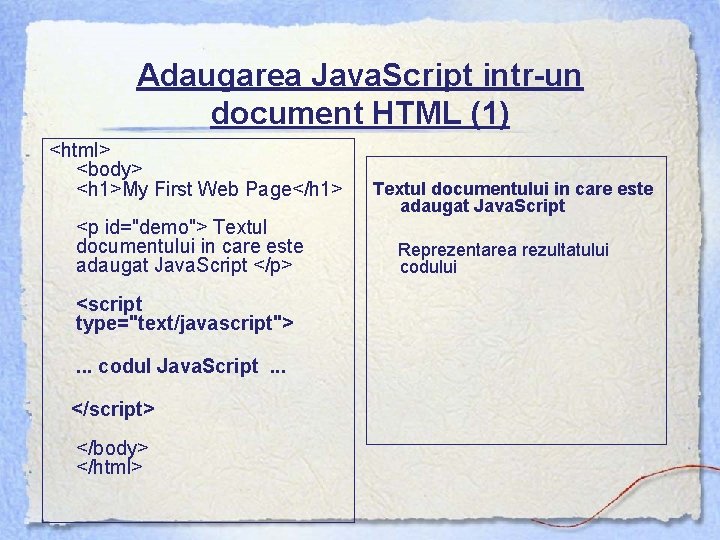 Adaugarea Java. Script intr-un document HTML (1) <html> <body> <h 1>My First Web Page</h