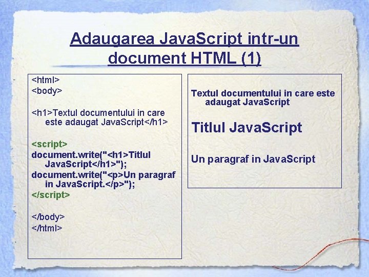Adaugarea Java. Script intr-un document HTML (1) <html> <body> <h 1>Textul documentului in care