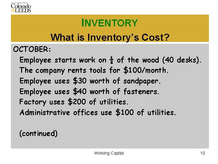 INVENTORY What is Inventory’s Cost? OCTOBER: Employee starts work on ½ of the wood